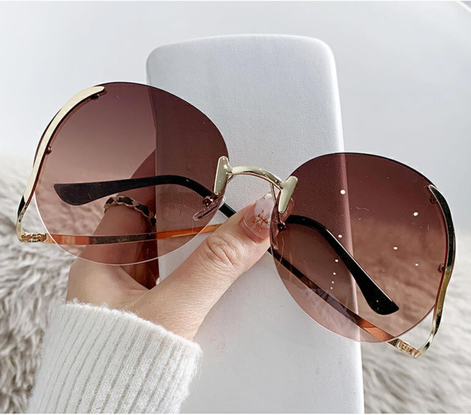 

bullabulling Модные круглые солнцезащитные очки без оправы для женщин, изогнутые металлические дужки, линзы Ocean, мужские солнцезащитные очки большого размера, Tea Pink