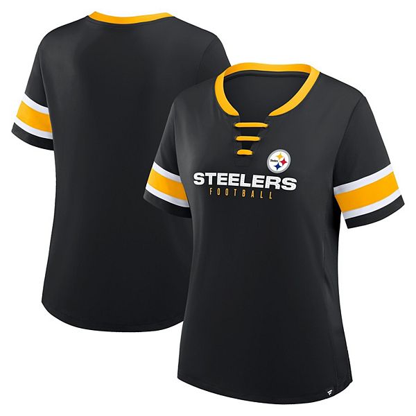 

Женская черная футболка Pittsburgh Steelers Plus Size Red Zone Athena с V-образным вырезом и шнуровкой Fanatics