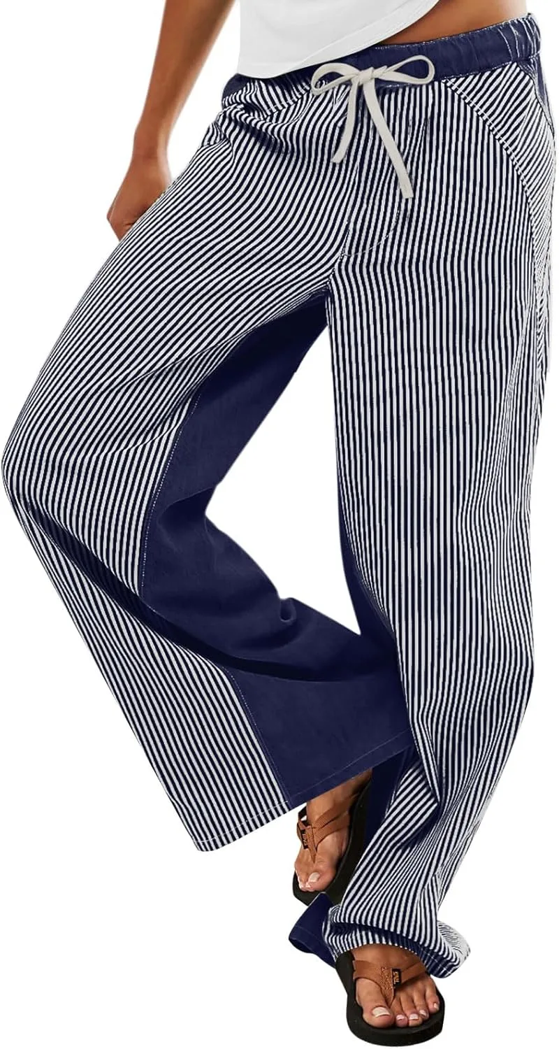 

Низкие полосатые брюки для женщин на резинке с кулиской PEIHOT