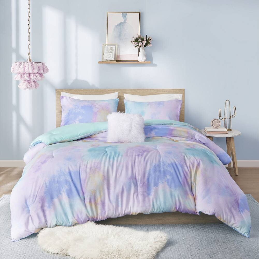 

Набор антимикробных одеял Karissa Watercolor Tie Dye с интеллектуальным дизайном и декоративной подушкой Intelligent Design, цвет Aqua