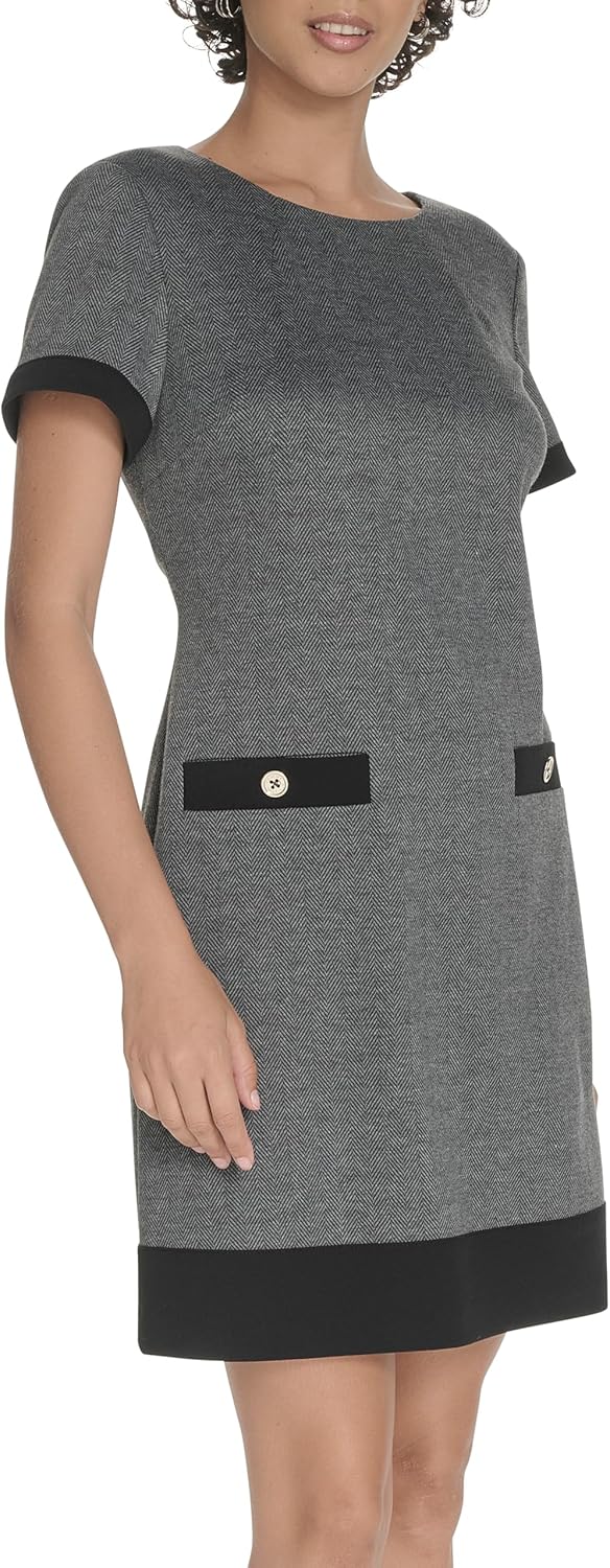 Женское платье-трапеция Tommy Hilfiger с короткими рукавами и отделкой из крепа, Black/Grey — фото 3