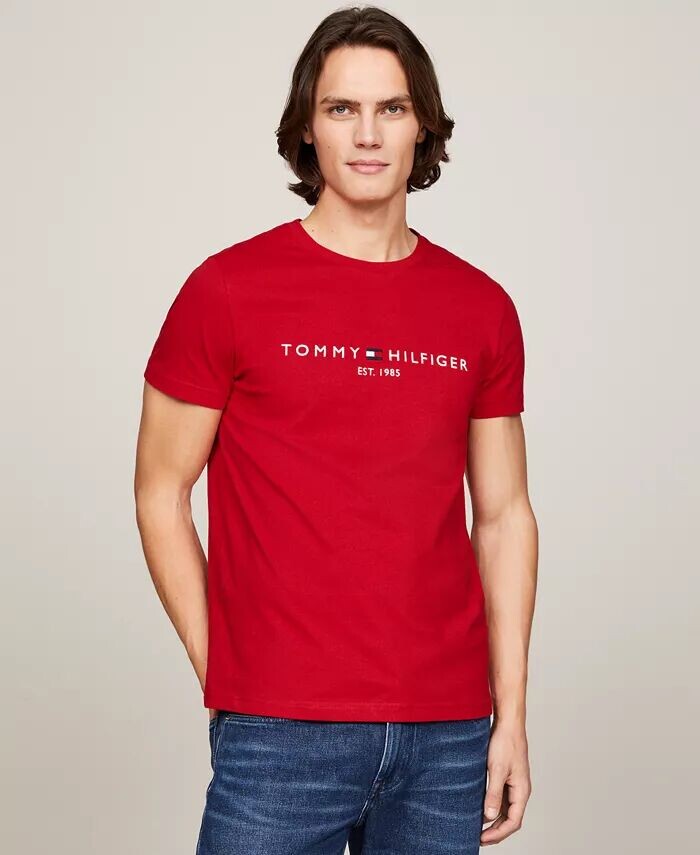 

Мужская футболка узкого кроя с круглым вырезом с вышитым логотипом Tommy Hilfiger, красный
