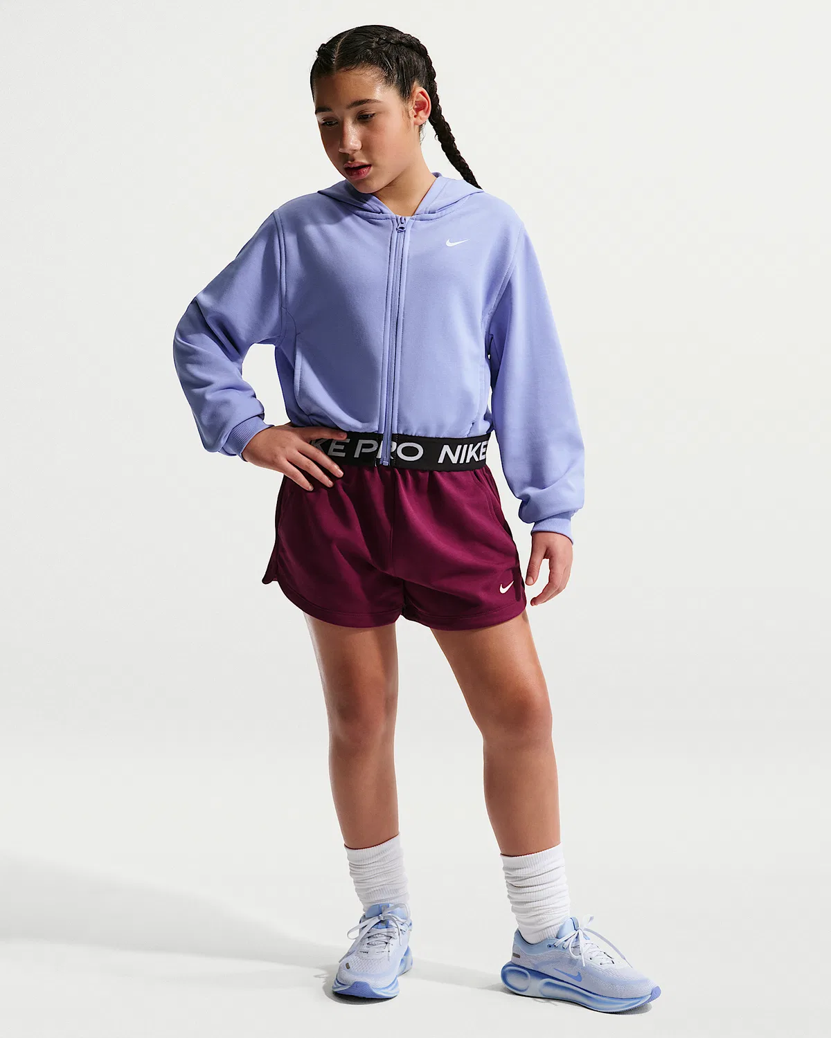Детская (девичья) флисовая кофта Nike Pro Fleece Dri-FIT на молнии, Light Thistle/Light Thistle/Black/White — фото 4