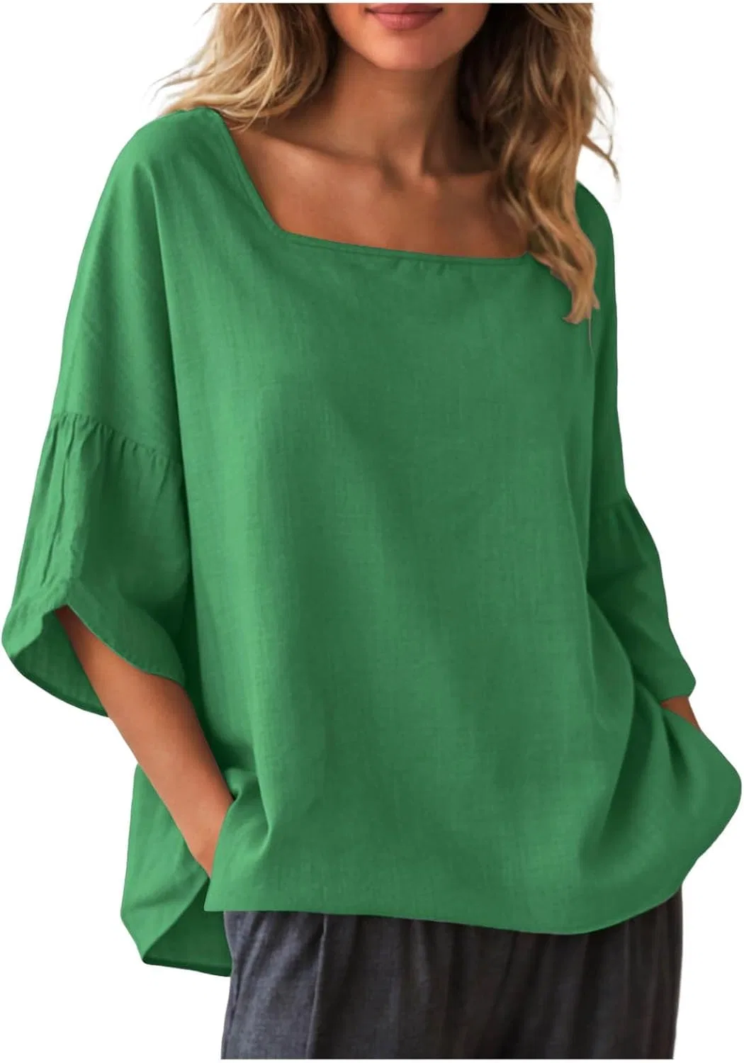 Футболка из хлопка и льна, женская, Oversize, зеленый