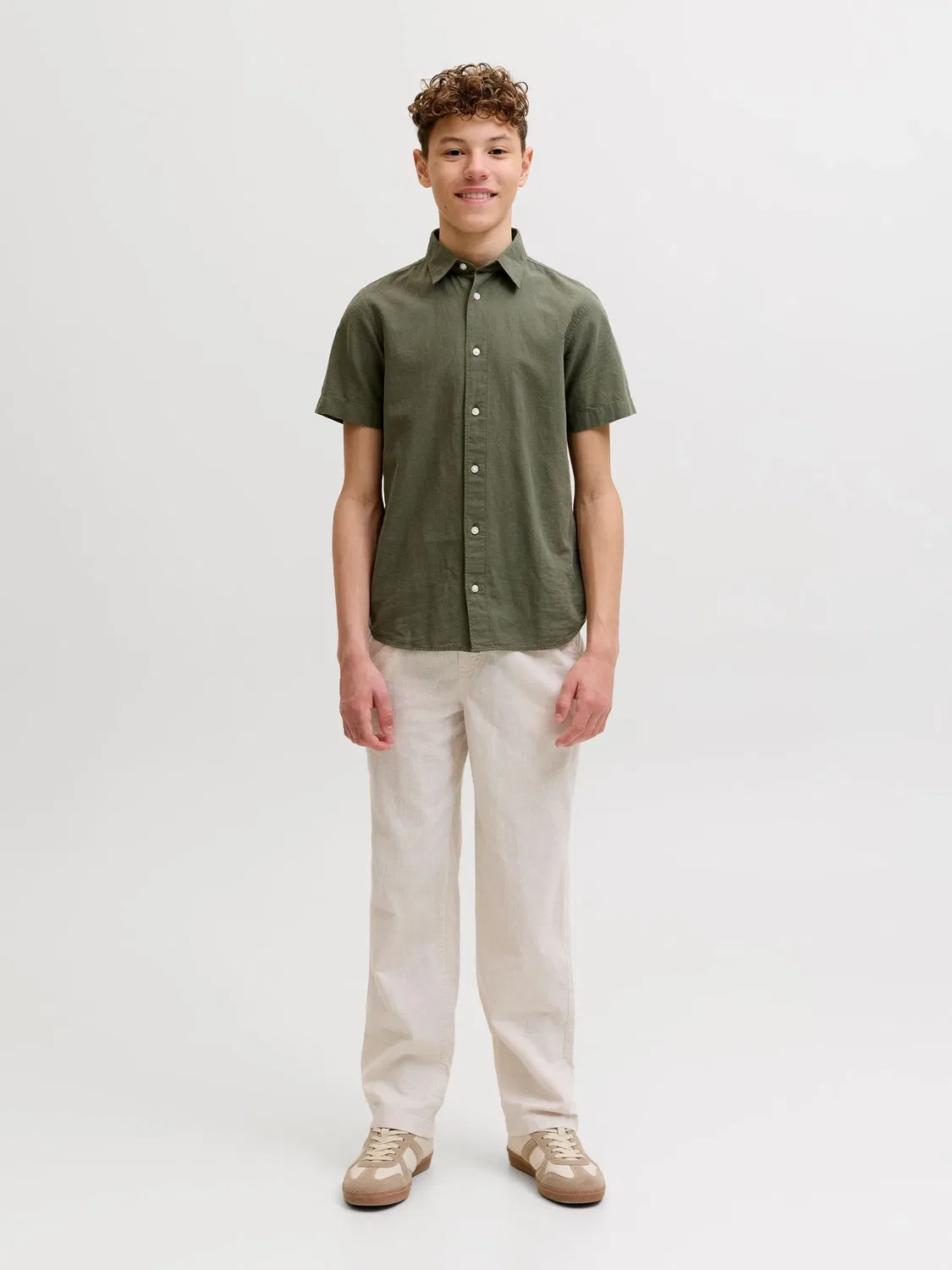 Рубашка из льна с хлопком JACK & JONES Junior, оливковая — фото 4