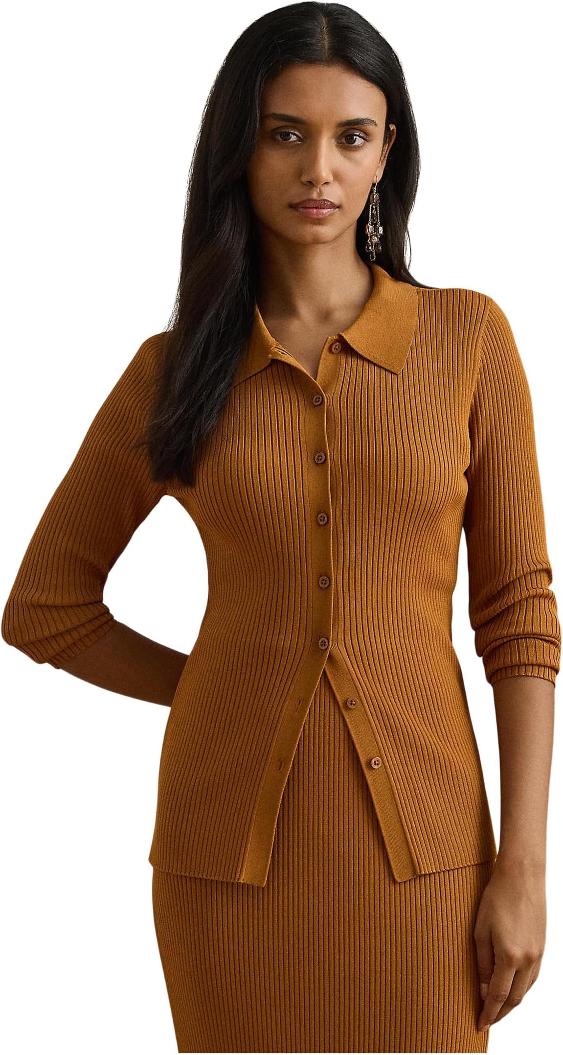 

Кардиган Lauren Ralph Lauren Rib-Knit Long-Sleeve Polo Cardigan, цвет Cinnamon Bark