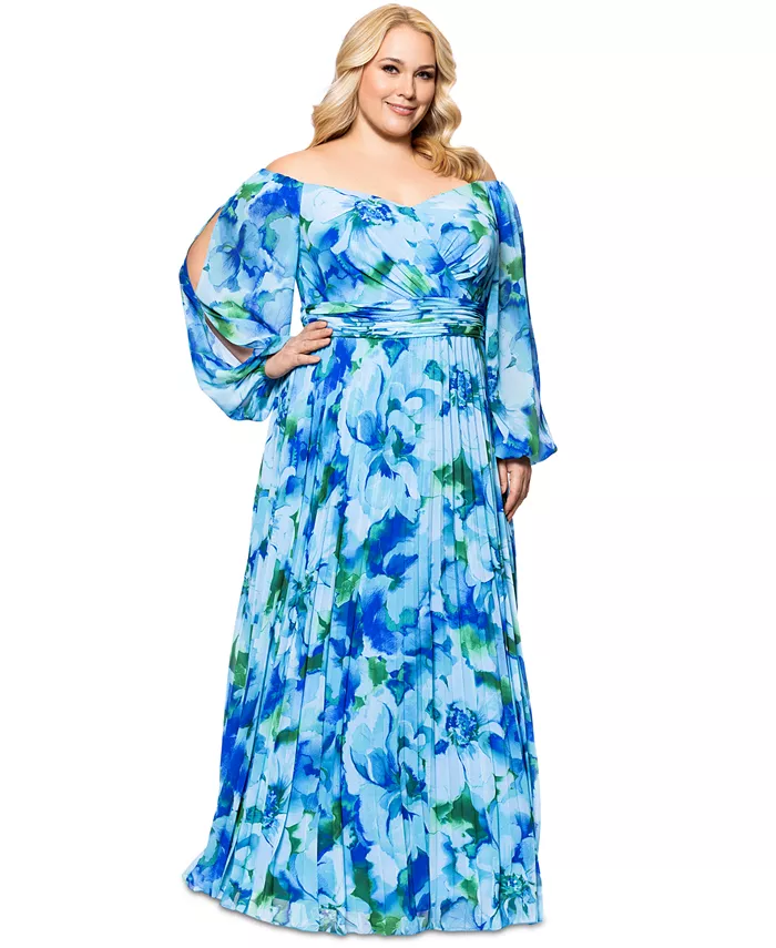 

Платье больших размеров с принтом и открытыми плечами, плиссированное XSCAPE, зеленый