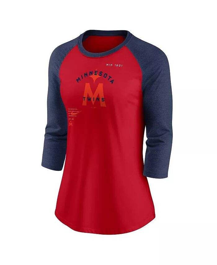 Женская красно-темно-синяя футболка Minnesota Twins Next Up Tri-Blend реглан с рукавами 3/4 Nike — фото 3
