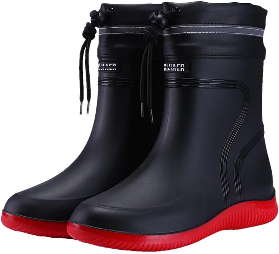 

Мужские и женские дождевые сапоги Закрытые водонепроницаемые короткие и средней длины резиновые сапоги с противоскользящей подошвой и шнурком Generic, красный