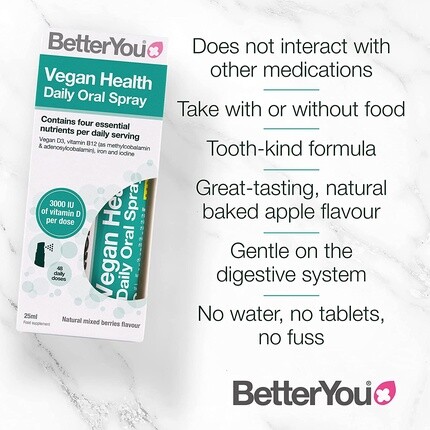 BetterYou Vegan Health спрей для полости рта, 25 мл, витамин D3, витамин B12, железо, йод — фото 3