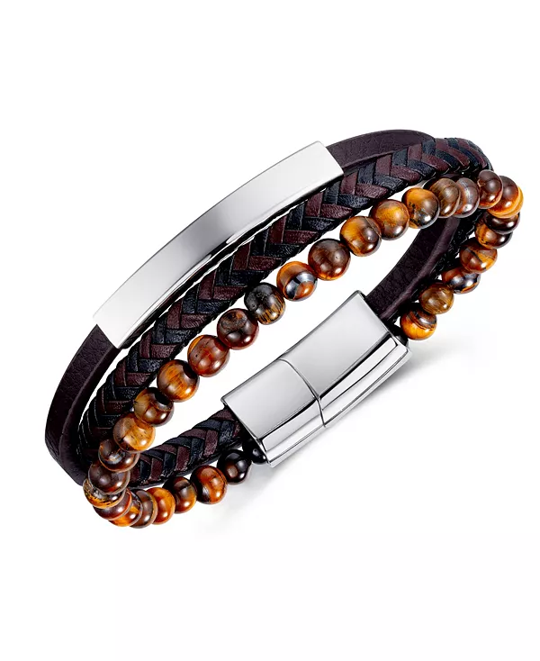 

Браслет из кожи и нержавеющей стали с покрытием из черного тигрового глаза Rhona Sutton, silver