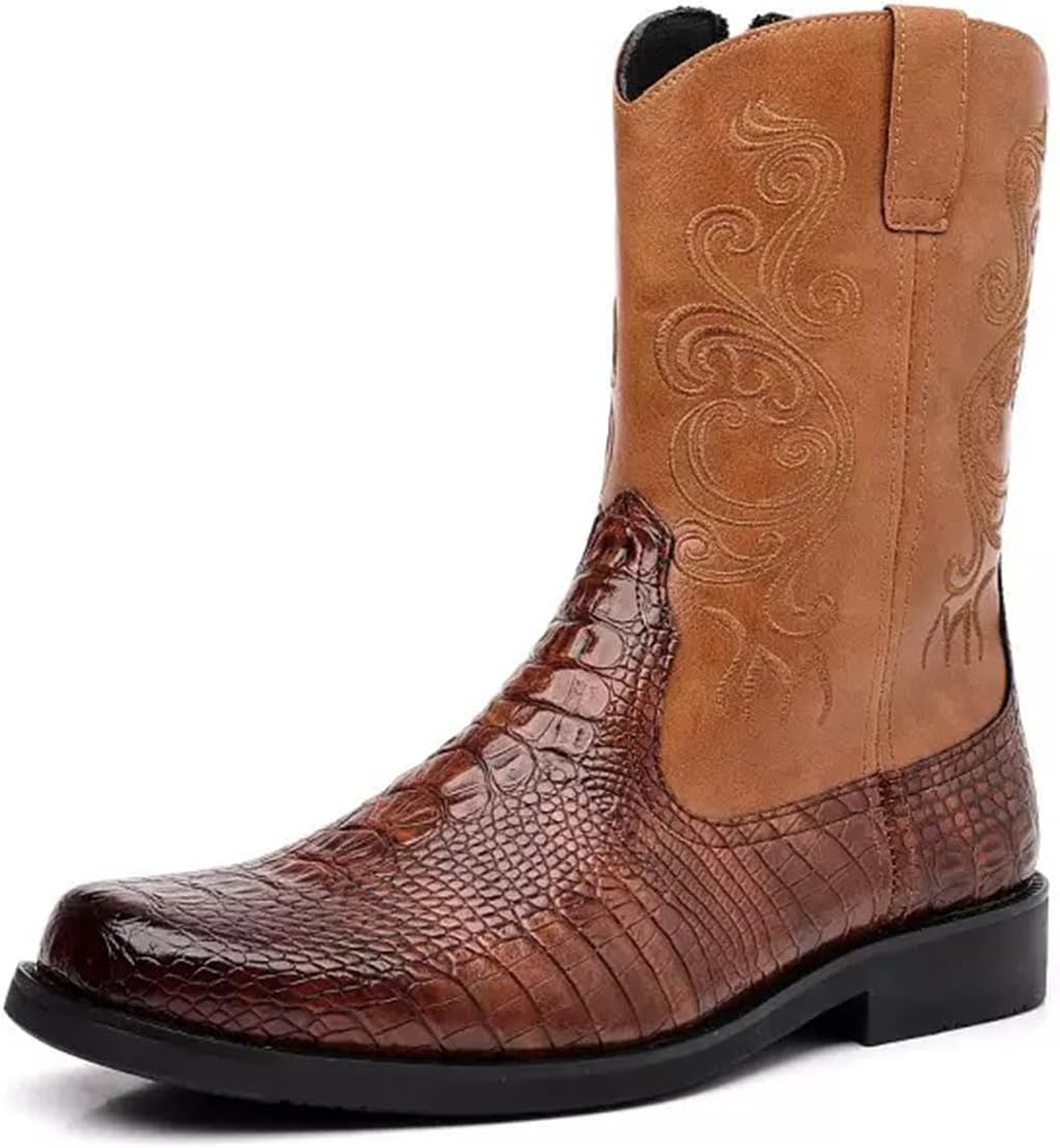 

Ковбойские сапоги в западном стиле для мужчин с боковой молнией, вышитым узором, круглым носком, ретро-дизайном и противоскользящей подошвой для мотоциклов Generic, коричневый