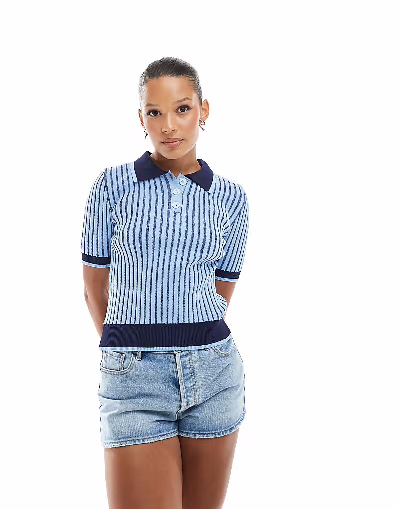 

Трикотажный топ-поло с покрытием в синюю полоску Asos Design