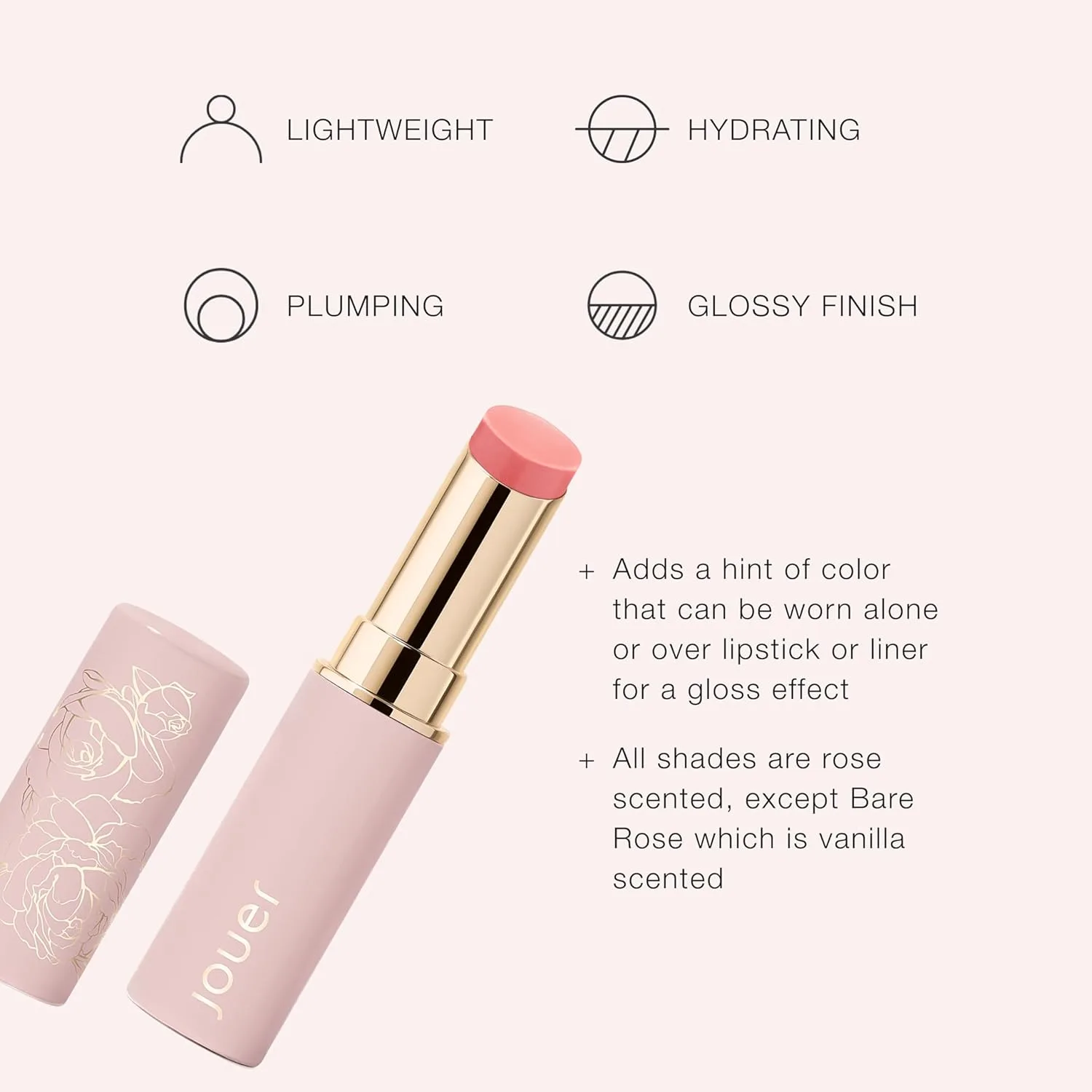 Jouer Essential Lip Enhancer Shine Balm - Тонирующий бальзам для губ - Увлажняет, придает объем и питает губы - Масло семян жожоба и формула Maxi Lip для увлажнения и придания объема, Monarch, Monarch - Tinted Cool Soft Pink — фото 2
