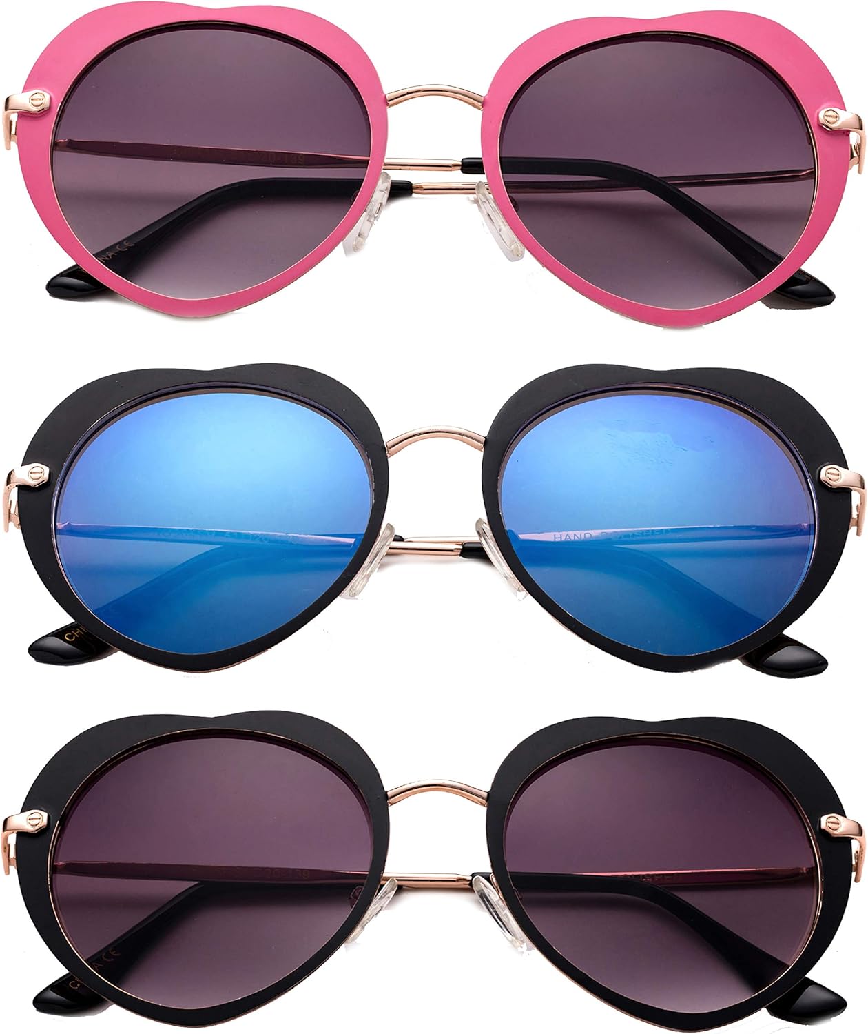 

Комплект из 3 двухцветных солнцезащитных очков в форме сердца с металлической оправой, стильные, с высоким оптическим качеством, для женщин Newbee Fashion, 3 Pack Black, Blue & Hot Pink