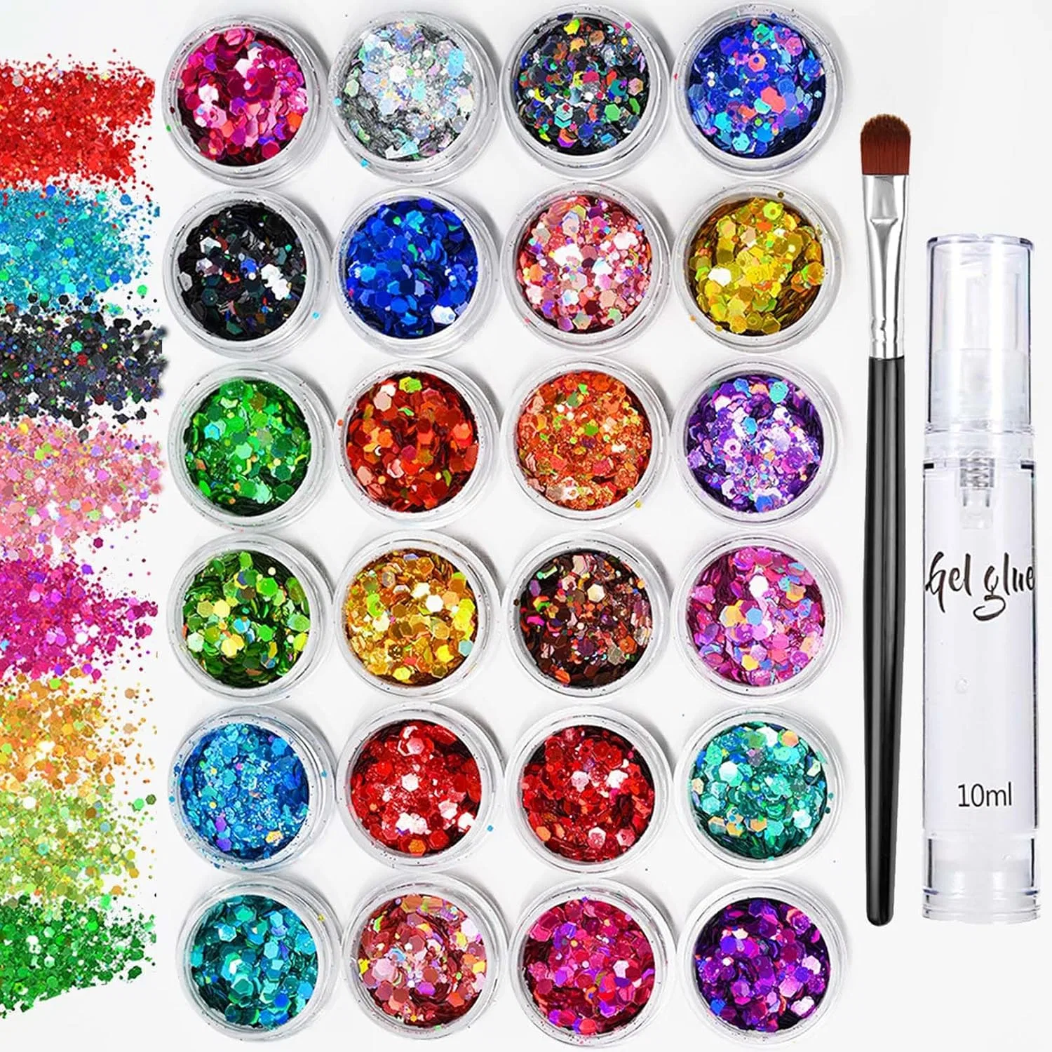 Набор из 24 цветов глиттера для лица и тела Festival Glitter Face с гелем и кистью Clawrex