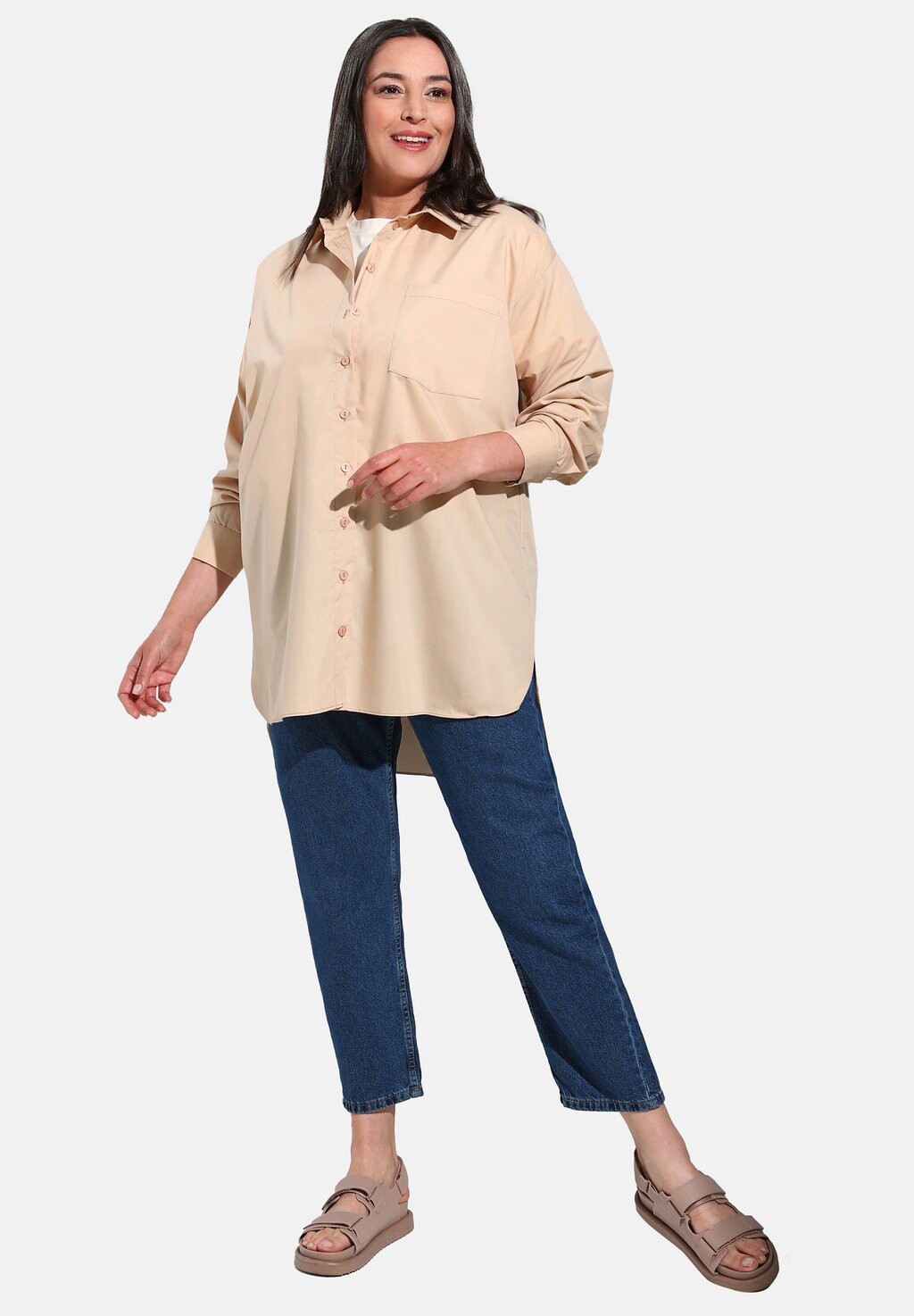 

Блузка на пуговицах CUBAN COLLAR-PLUS SIZE-ALIA Modanisa, бежевый