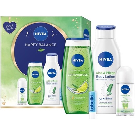 

Подарочный набор NIVEA Happy Balance с увлажняющими средствами по уходу — включает лосьон, гель для душа, шариковый дезодорант и Labello One Size