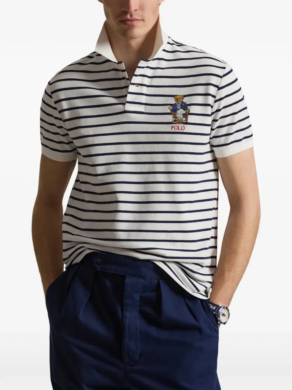 Полосатая рубашка-поло с изображением медведя Polo Ralph Lauren, белый — фото 3
