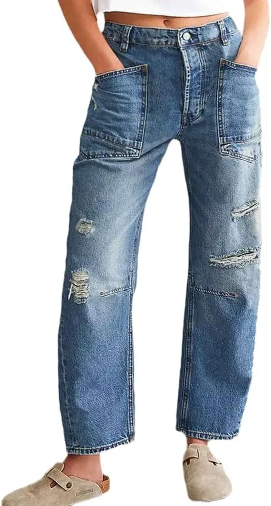 

CHOUYATOU Женские джинсы Boyfriend Mid Rise с потертостями и заплатками