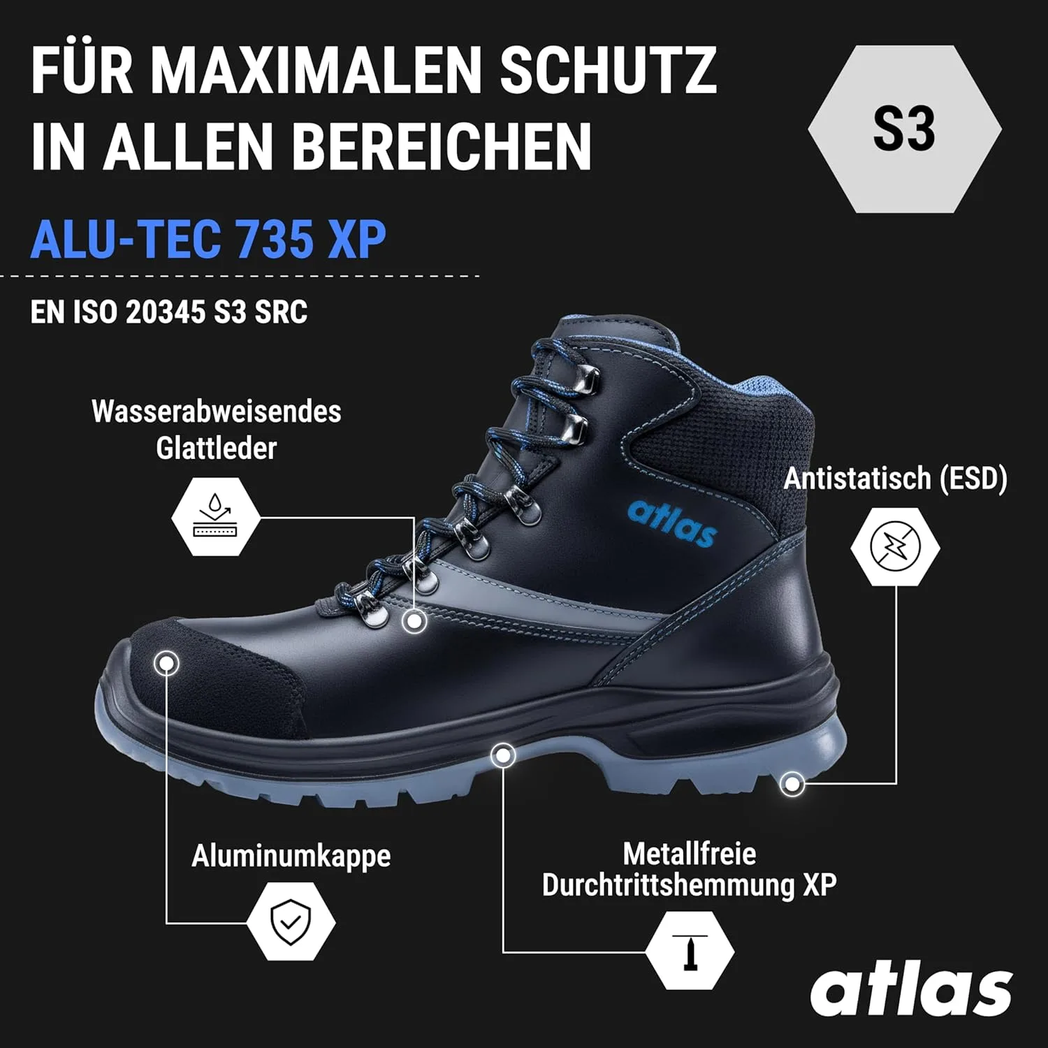 Лучшие ботинки Atlas alu-tec 735 XP ESD, для мужчин и женщин, водонепроницаемые (S3). Активная воздухопроницаемость, с алюминиевым носком, диаметр 10, черный — фото 2