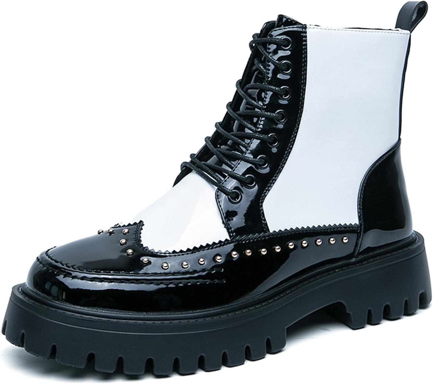 

Мужские ботинки на шнуровке с боковой молнией, из лакированной кожи с платформой, с крыльями, модные с заклепками, с массивным каблуком, на грубой подошве, повседневные высокие ботинки, мотоботы Qijozxn, белый