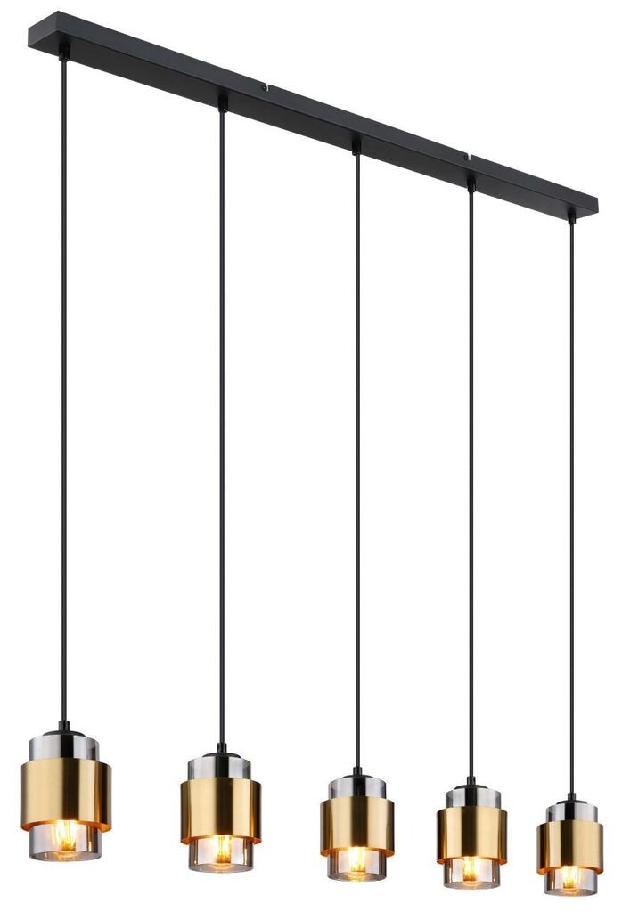 

Подвесной светильник Globo Lighting металлический черный матовый, дымчатое стекло, латунное кольцо, черный ПВХ-кабель, высота может быть уменьшена, ДхШхВ: 1050x100x1500 мм, без 5x E27 40Вт 230В.