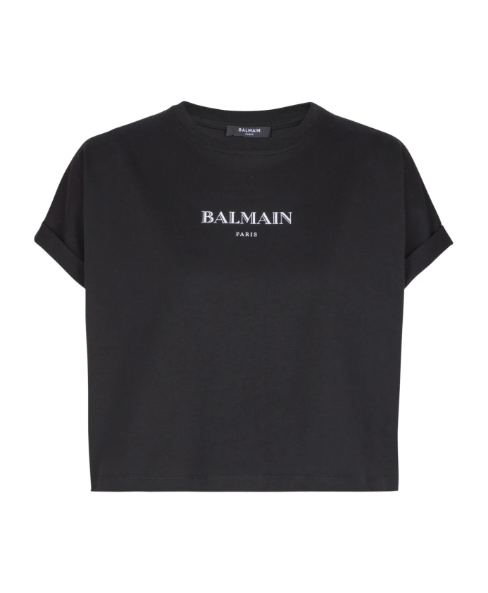 

Короткая футболка с принтом Balmain, черный