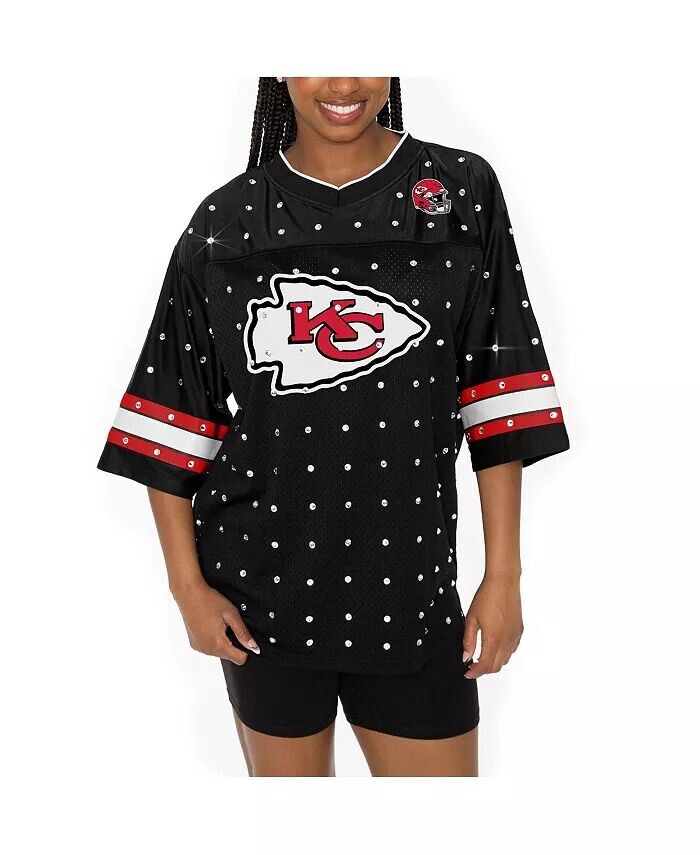 

Женская черная футболка Kansas City Chiefs Kickoff Time со стразами и полосками, V-образным вырезом Gameday Couture