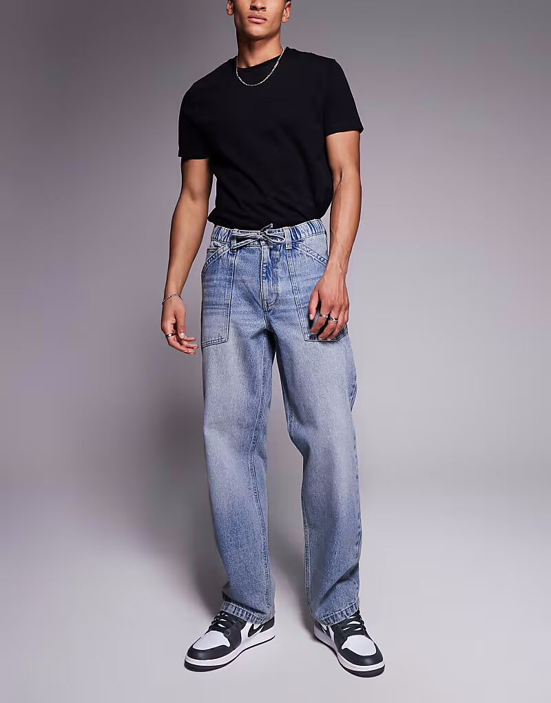 

Мешковатые джинсы ASOS DESIGN со шнурком светло-голубого цвета с оттенком