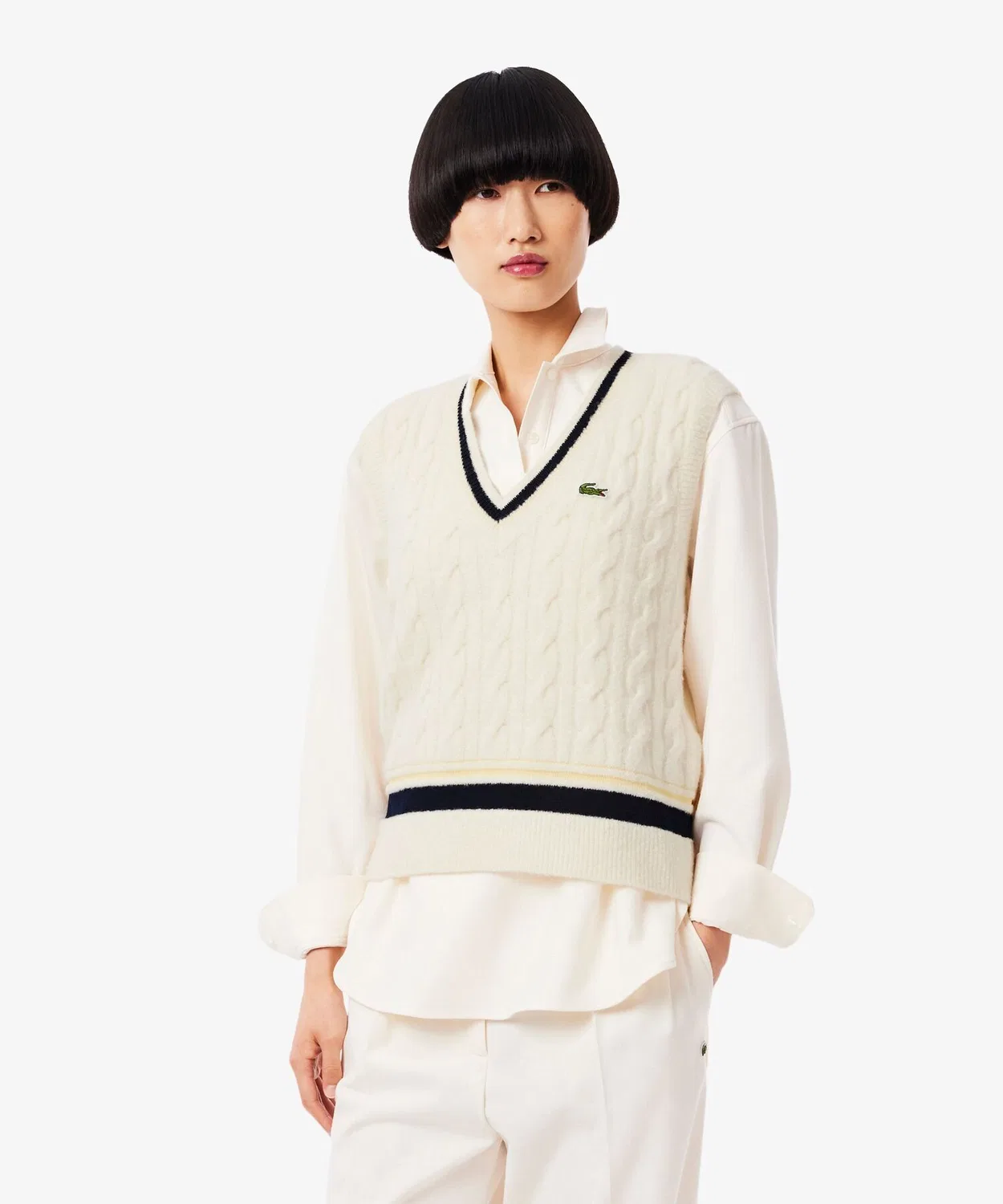 Жилет Lacoste Essential Childen, с косами и полосками, офф-вайт