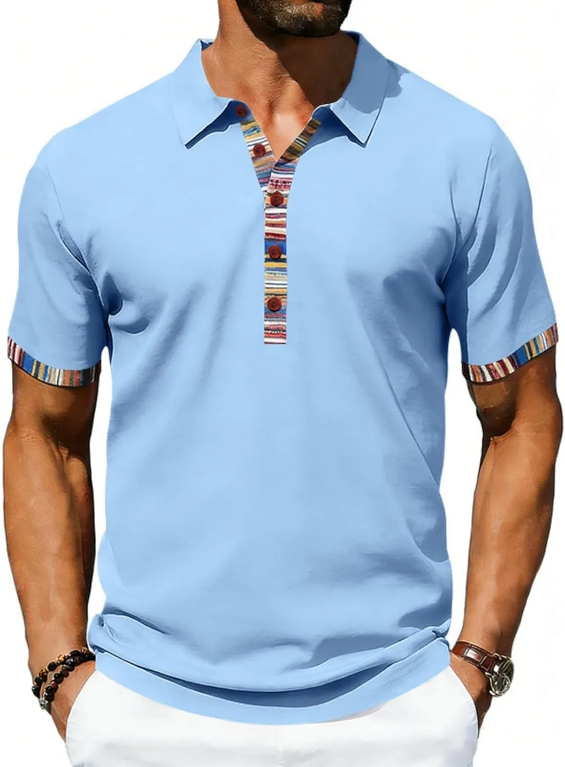 Футболка-поло для мужчин с коротким рукавом, цветной блок и полосой, slim fit — фото 2