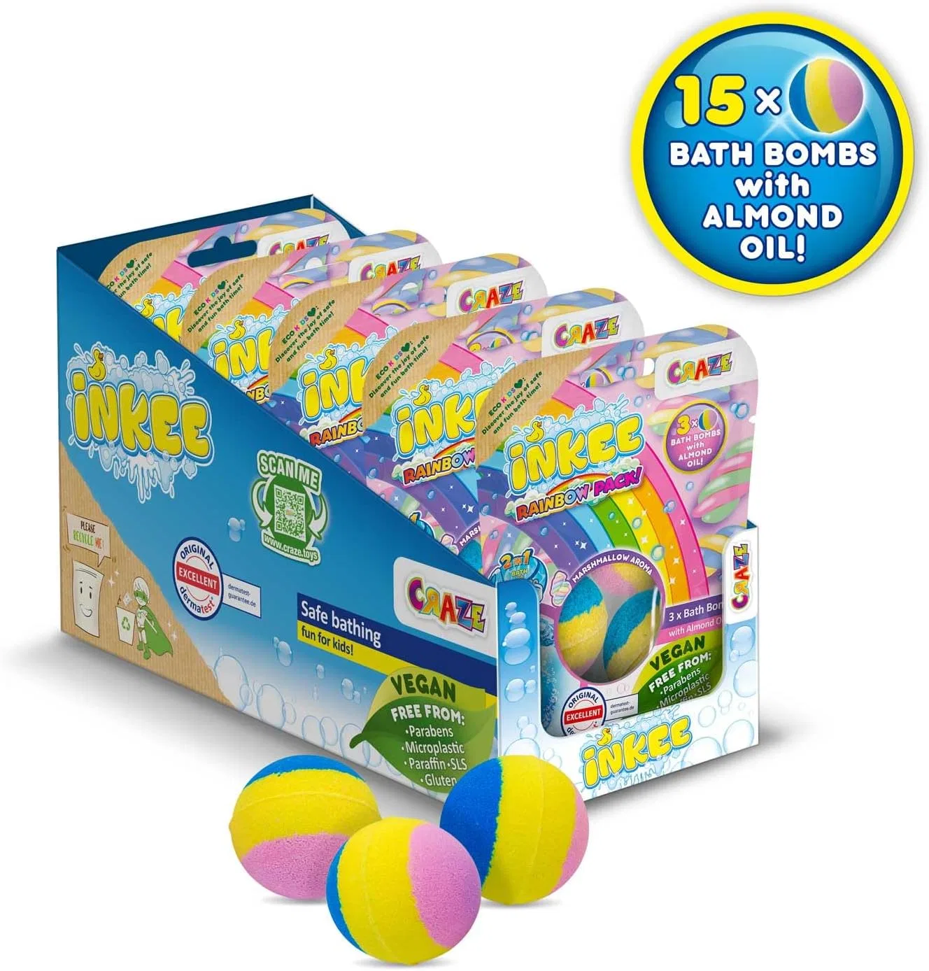 Детские бомбочки для ванны INKEE Rainbow с ароматом маршмеллоу, 15 шт. Inkee, 15 X Rainbow Bath Bombs With Almond Oil — фото 4
