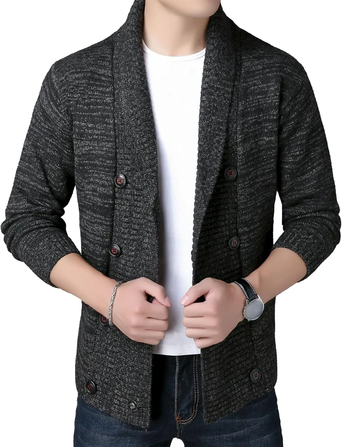 Мужской кардиган с шалькой в клетку, slim fit, кабельная вязка