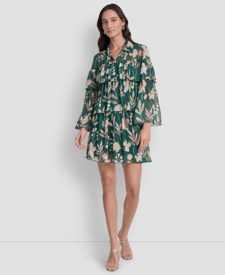 

Женское платье с длинными рукавами и ярусными оборками DKNY, Pine Grove Multi