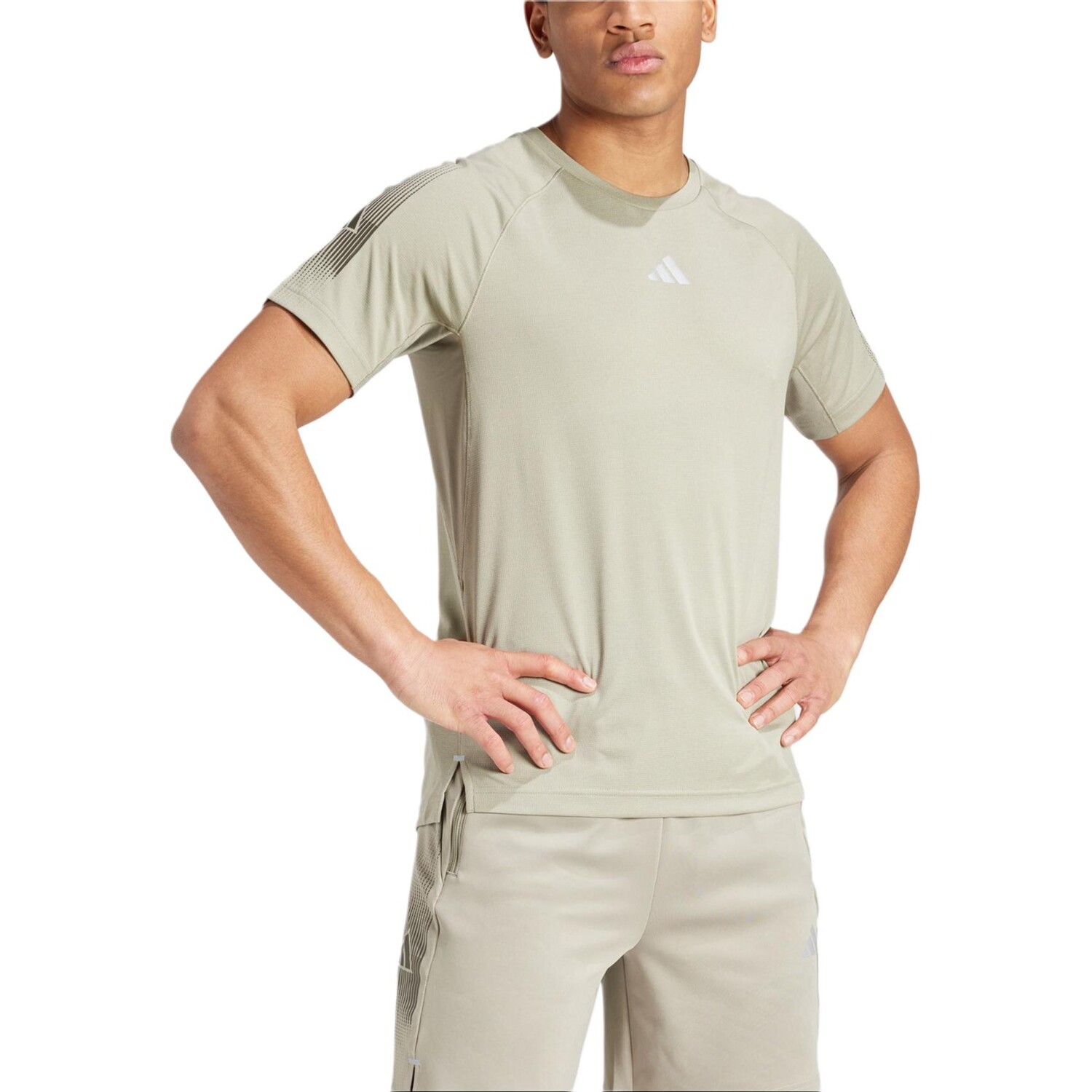 Футболка Gym+ мужская Pebble Silver Grey/Tемно-оливковый зеленый Adidas, серый — фото 3