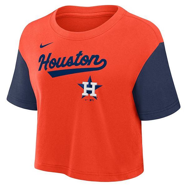 Женская оранжевая/темно-синяя укороченная футболка performance houston astros script Nike — фото 3