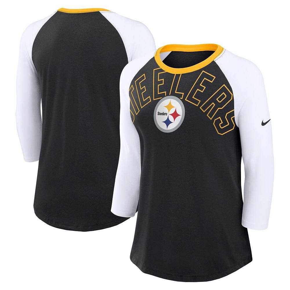 

Женская черно-белая футболка Nike Pittsburgh Steelers Knockout Arch Raglan Tri-Blend с рукавами 3/4, цвет Stl Black