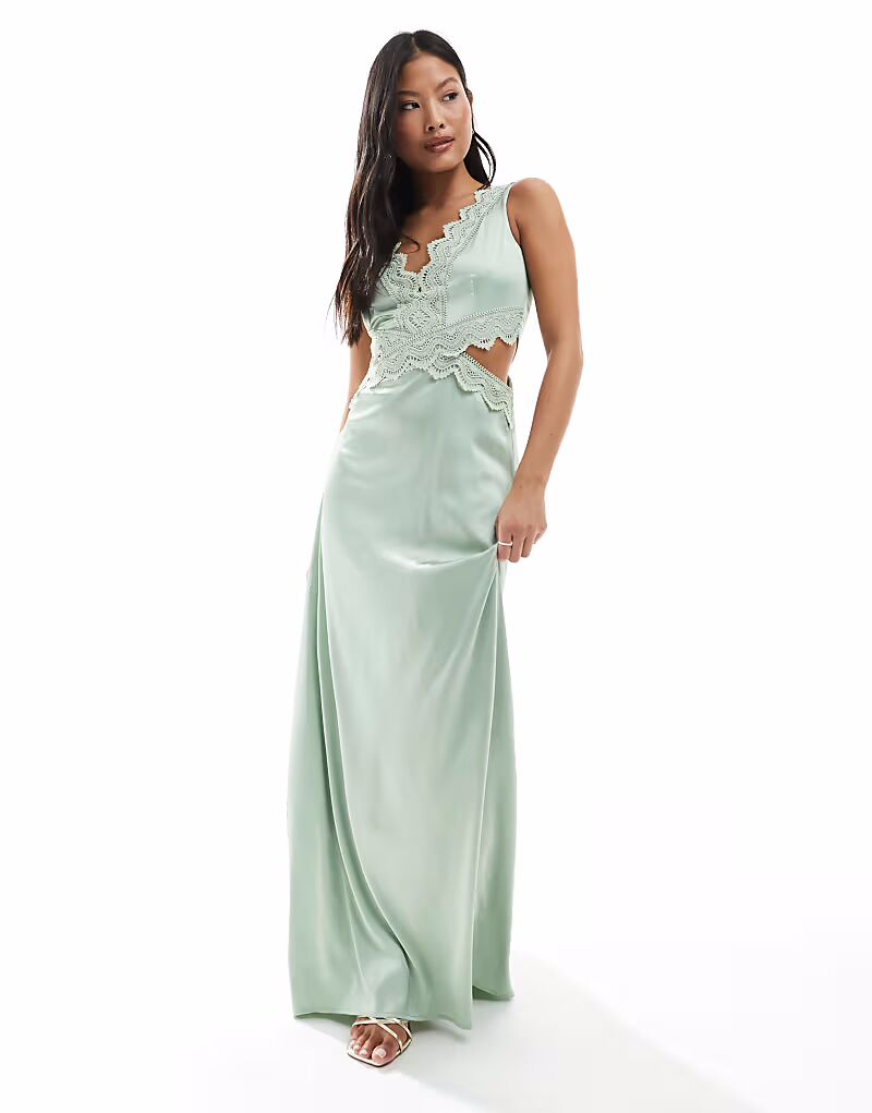 

Платье макси из атласа Bridesmaid с отделкой из фестончатого кружева в цвете шалфея Tfnc Petite