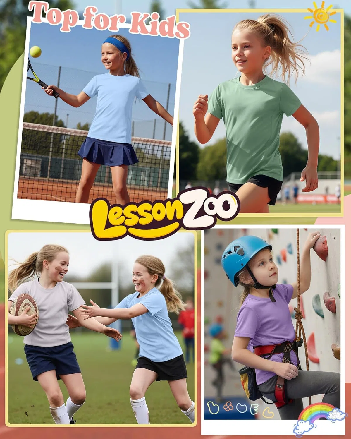 Детская спортивная футболка с коротким рукавом LessonZoo, набор 4 шт, Taro Purple, Light Blue, Light Gray, Mint Green — фото 3
