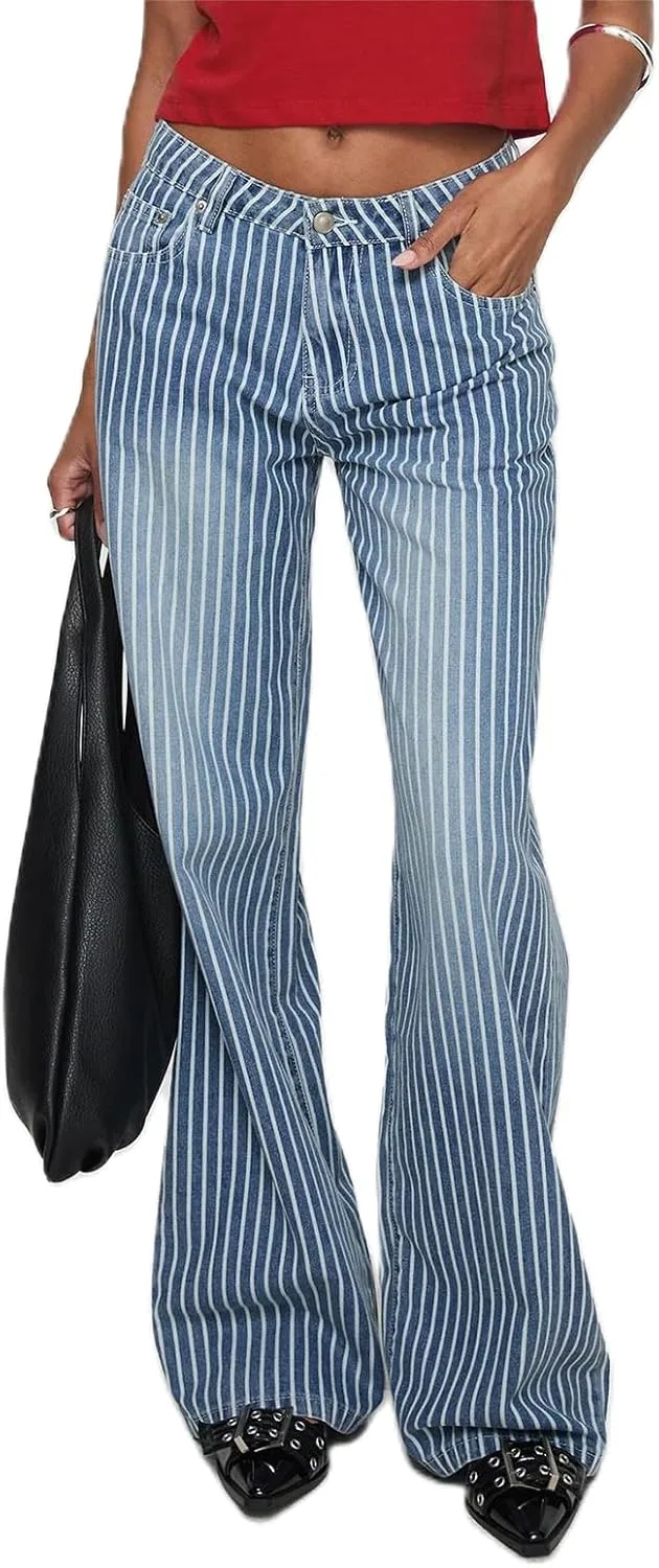 

Женские полосатые джинсы High-Waisted Straight Leg Awevudst