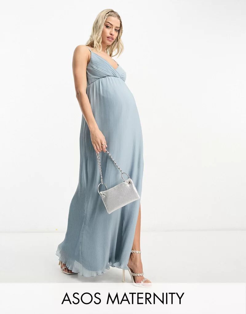 

Эксклюзивное синее шифоновое платье макси с запахом и бретелями ASOS DESIGN Maternity