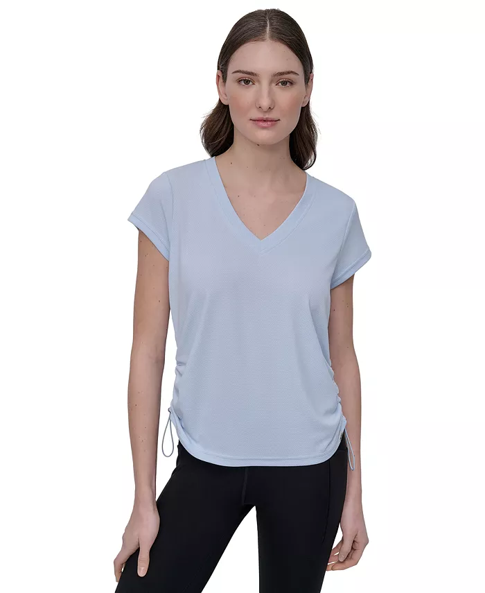 

Женская спортивная футболка с круглым вырезом, коротким рукавом и боковыми сборками DKNY, синий