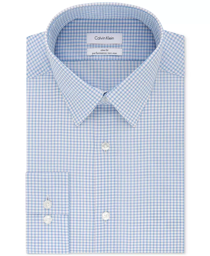 

Мужская облегающая рубашка-рубашка Non-Iron Performance Stretch Blue Check Calvin Klein, синий
