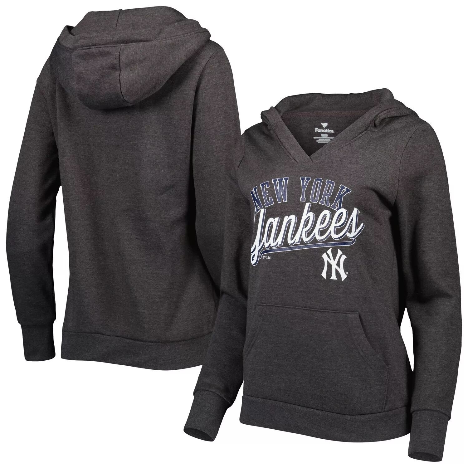 

Женский пуловер с капюшоном Fanatics с логотипом Heather Charcoal New York Yankees Simplicity Crossover и V-образным вырезом Fanatics