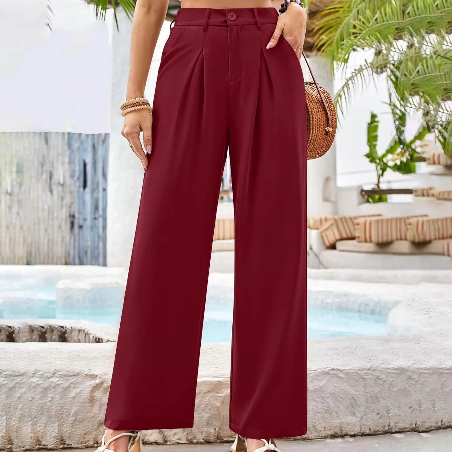 Брюки для женщин Trendy Dressy на высокой резинке, широкие, для отдыха, офиса и повседневной носки с карманом Generic, A01 Wine — фото 3
