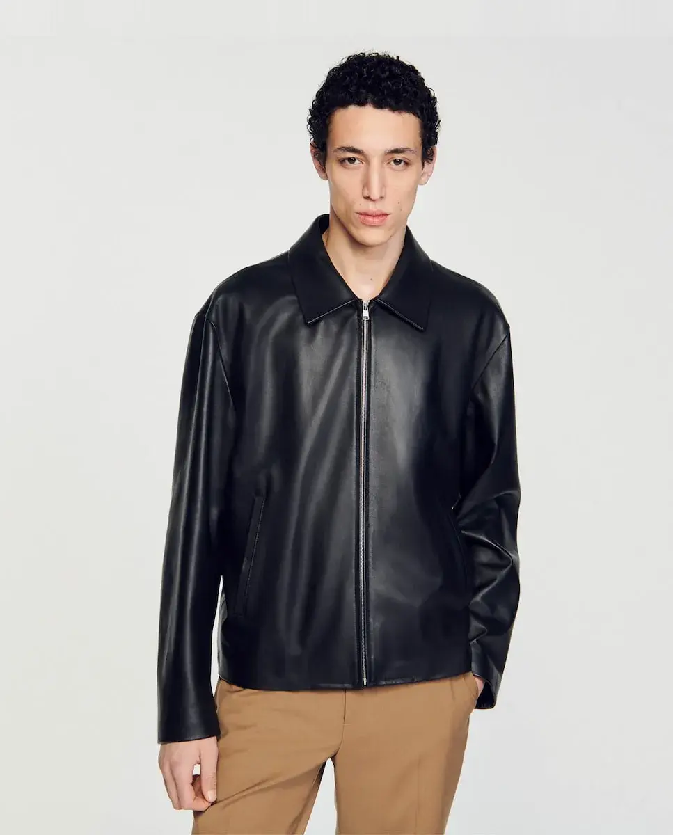 

Мужская кожаная куртка на молнии Sandro, черный