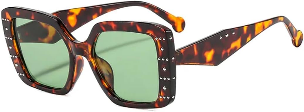 

Модные квадратные солнцезащитные очки для женщин в стиле ретро, ​​конфетные цвета, панк, заклепки, леопардовый принт, защита от УФ-излучения UV400 TVTBBVV, Leopard-green.