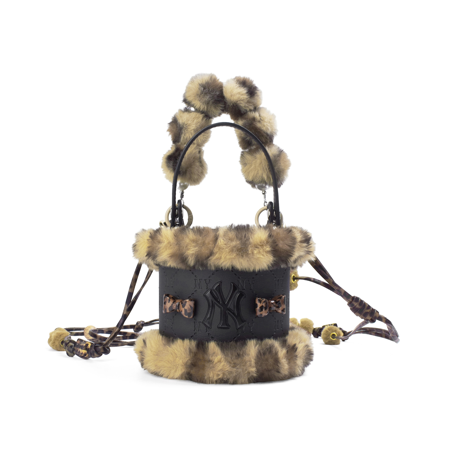 

MLB Кожаная сумка ведро женская черная, Plush Leopard Shadow