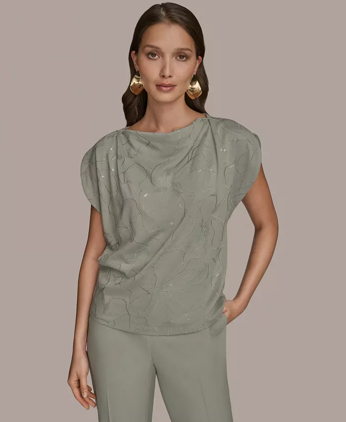 

Женский топ с короткими рукавами, расшитый пайетками Donna Karan New York, зеленый